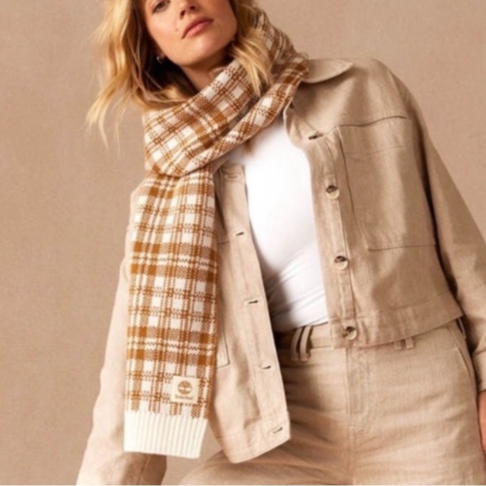 NWT Timberland Winter Scarf Tan & Cream Plaid - Picture 4 of 11